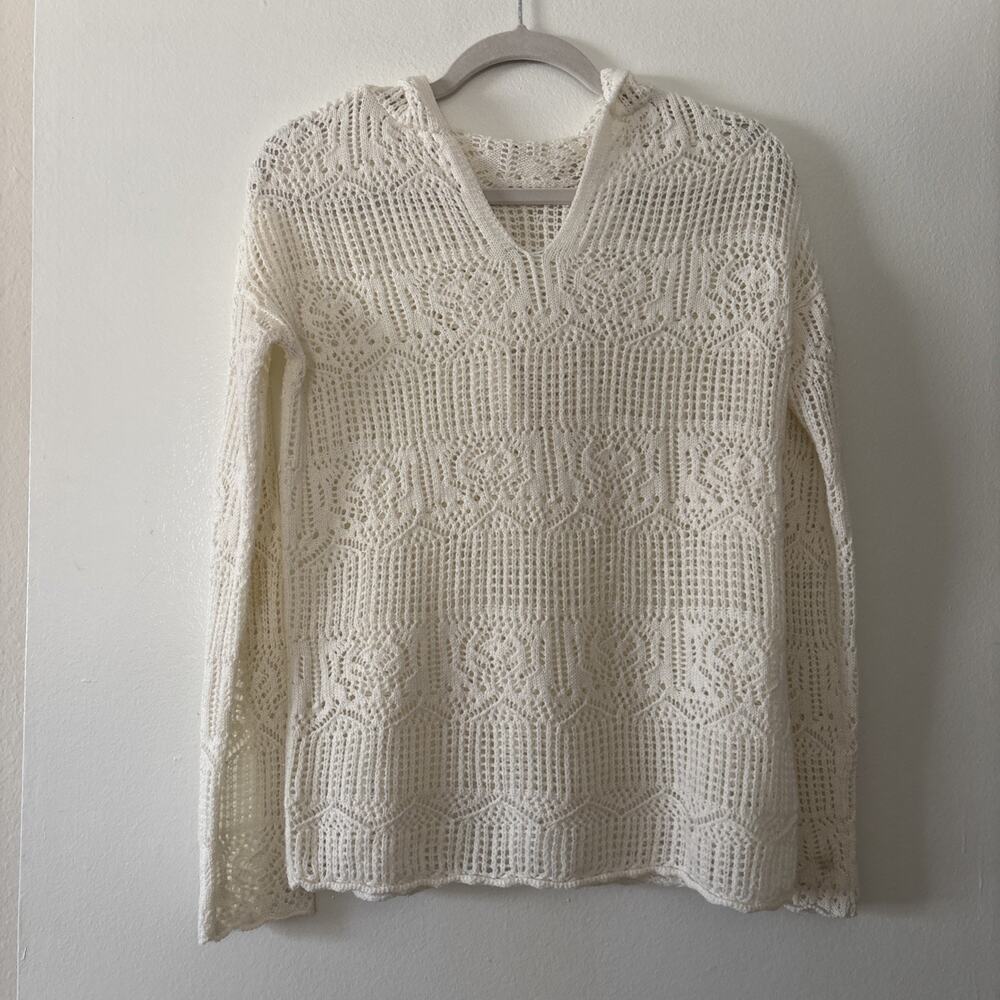 Y2K 90s Open Lace Knit Sweater Ivory Hoodie Coquette